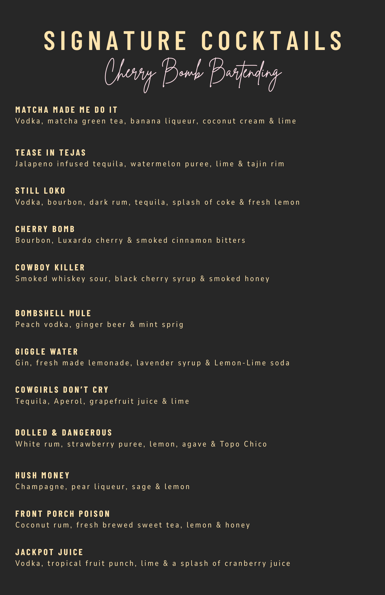 Cherry Bomb Bartending Signature Cocktails Menu